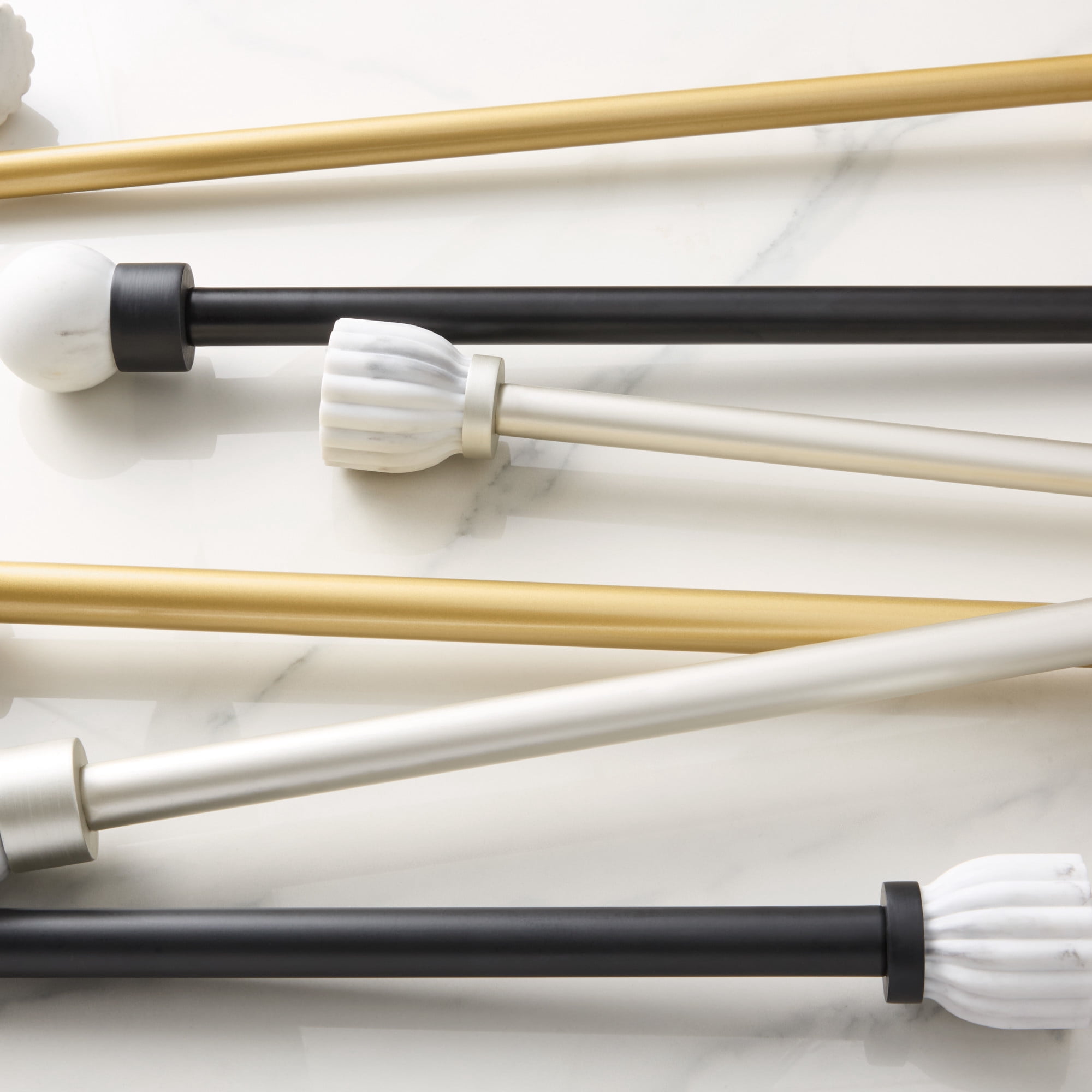 TOWN & COUNTRY LUXE Marbled Sphere Single Indoor Curtain Rod and Finial Set, Natural Marble Stone Look, Easy Install Wall Mount, Matte Black, Adjustable 66”-120”
