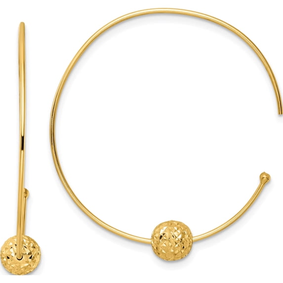 14K Yellow Gold Wire Hoops Diamond-Cut Bead Earrings (34.9 X 36.27) Made In Indonesia tf2005