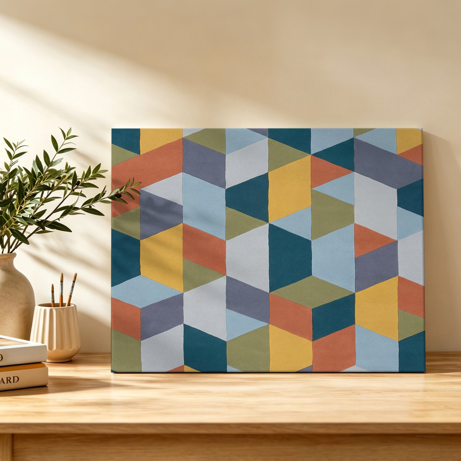 Patchwork Canvas Wall Art Colorful Geometric Abstract Three Dimensional Cube Wall Art Prints Artwork Framed Canvas Ready to Hang Art Pictures for Bedroom Living Room Closet Kitchen 16 x 12