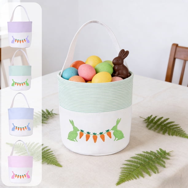 Cesta de conejo de Pascua con asa - Rosa, azul, morado, verde - Caja de huevo bordada para caramelos, detalles de fiesta y decoración - 9,6x9 pulgadas