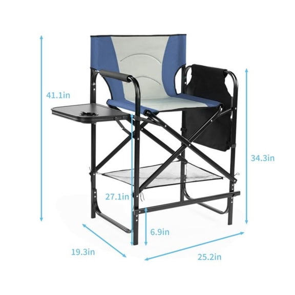 26" Tall Directors Chair with Footrest, 4Portable Bar Height Folding Camping Chair with Built-in Cup Holder, Side Table, Storage Pocket, Gray & Navy