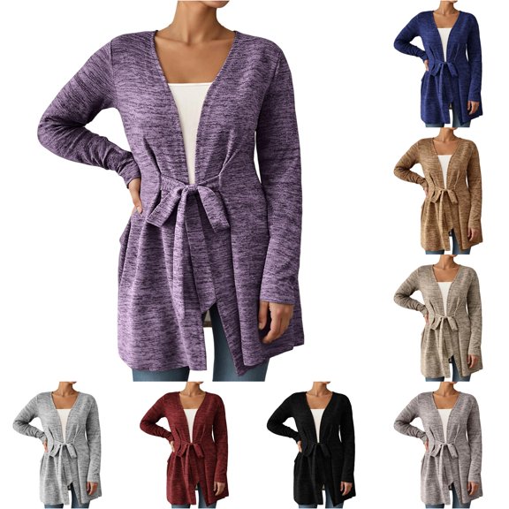 Xiaoxatg Women's Cardigan Lightweight Open Knit Front Tie Casual Wrap Long Sleeve Outerwear Women's Long Sleeve Solid Color Cardigan for Spring and Fall Comfortable Loose Fit Top Purple S