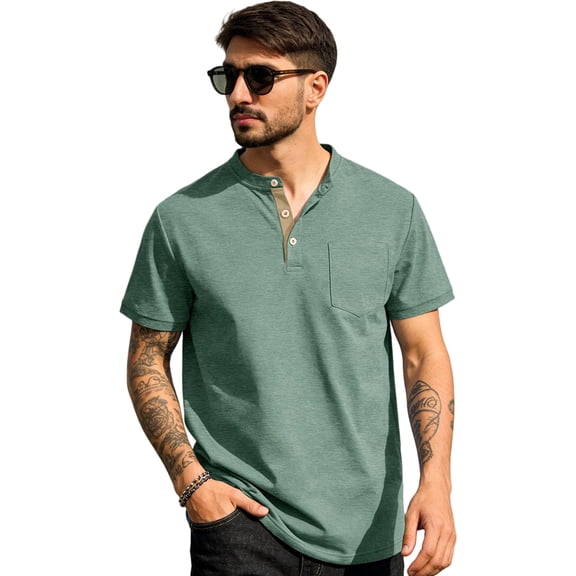 Men's Henley Shirt Short Sleeve Cotton Casual T-Shirt With Chest Pocket Contrast Button Placket Regular Fit Summer Tops for Daily Wear,3XL