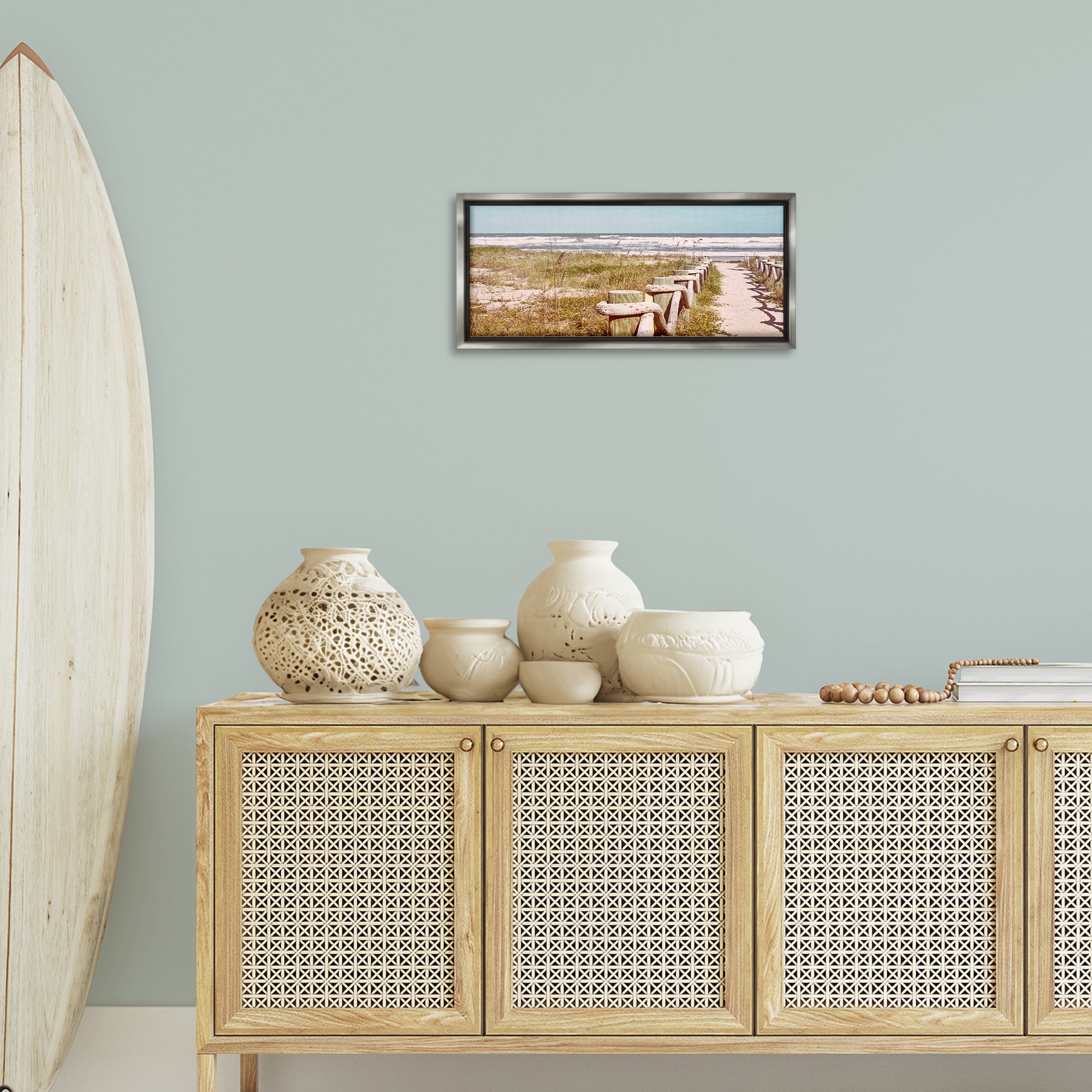 Stupell Industries Eastern Beach Walkway Landscape Photography Gray Floater Framed Canvas Art Print Wall Art, 25 x 11