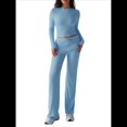 thumbnail image 2 of Conjuntos de 2 Piezas para Mujer, Larga, Cuello Redondo, Pantalones Acampanados de Cintura Alta, Conjuntos de Chándal, Ropa de Calle. Azul M, 2 of 10