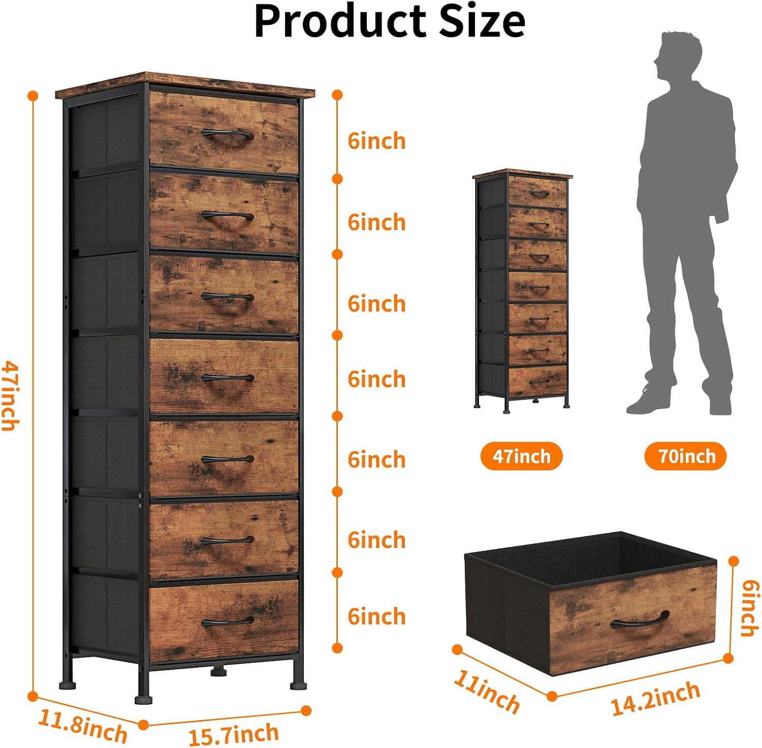 Tall Dresser for Bedroom, Storage Dresser Organizer with 7 Fabric Drawers, Nightstand Furniture in Closet, Entryway, Hallway