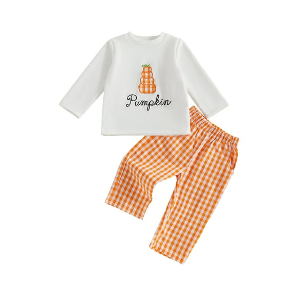 Miaouyo Toddler Baby Boys Halloween Fall Outfits 3 6 12 18 24 Months 2T 3T O Neck Pumpkin Embroidery Tops Plaid Pants Clothing Sets