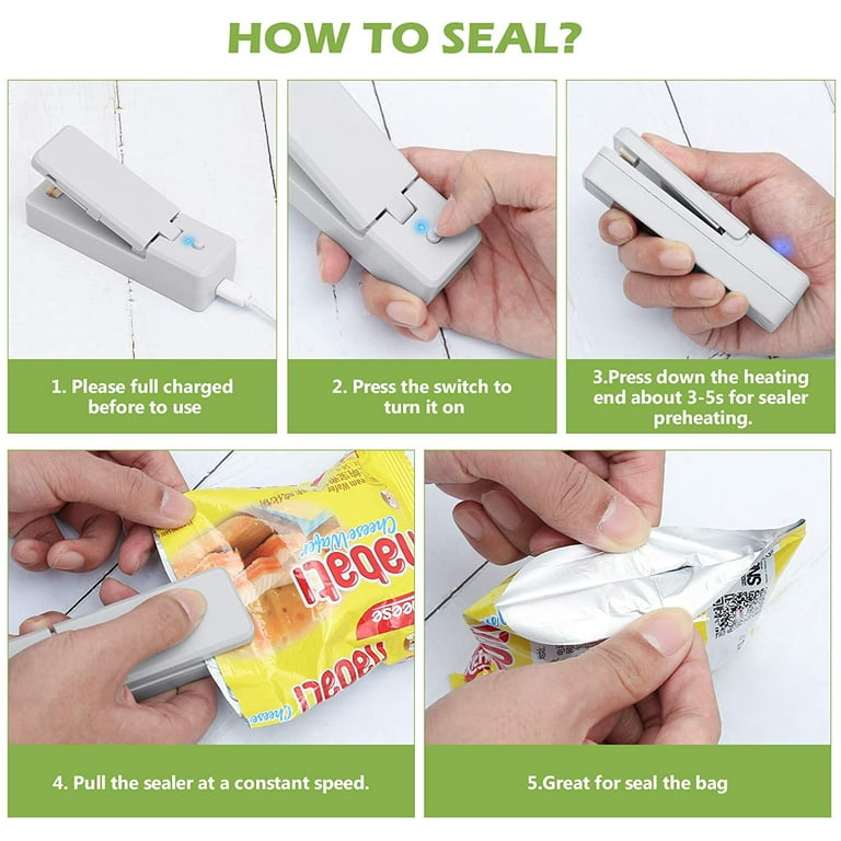 Mini Bag Sealer, AMIR Heat Sealer USB Rechargeable Vacuum Bag Sealer Chip  Bag Sealer for Plastic Bags Snack Cookies Foods Storage Fresh White 