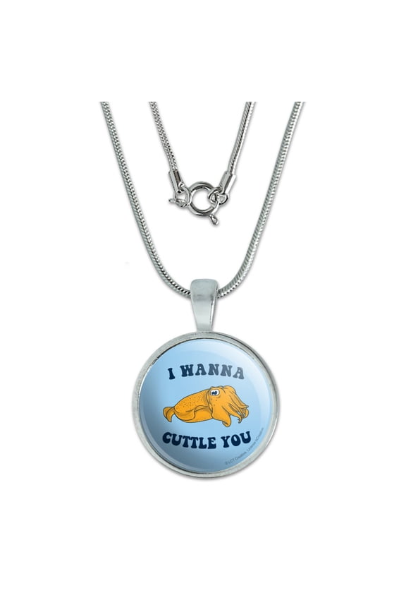 I Wanna Cuttle You Want to Cuddle Fish Funny Humor 0.75" Pendant with Sterling Silver Plated Chain