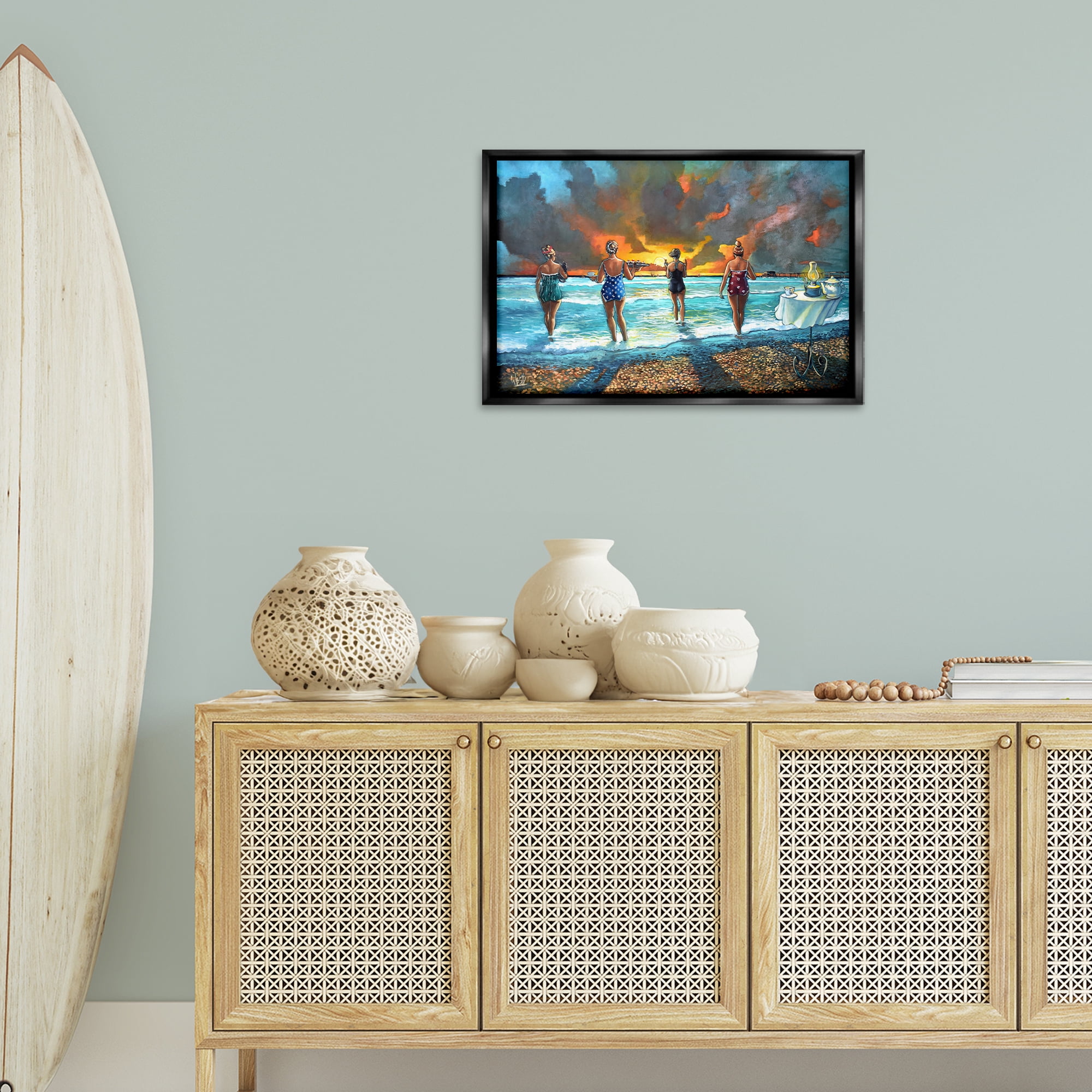 Stupell Industries Elegant Ladies on Beach Novelty Painting Black Floater Framed Canvas Art Print Wall Art, 25 x 17