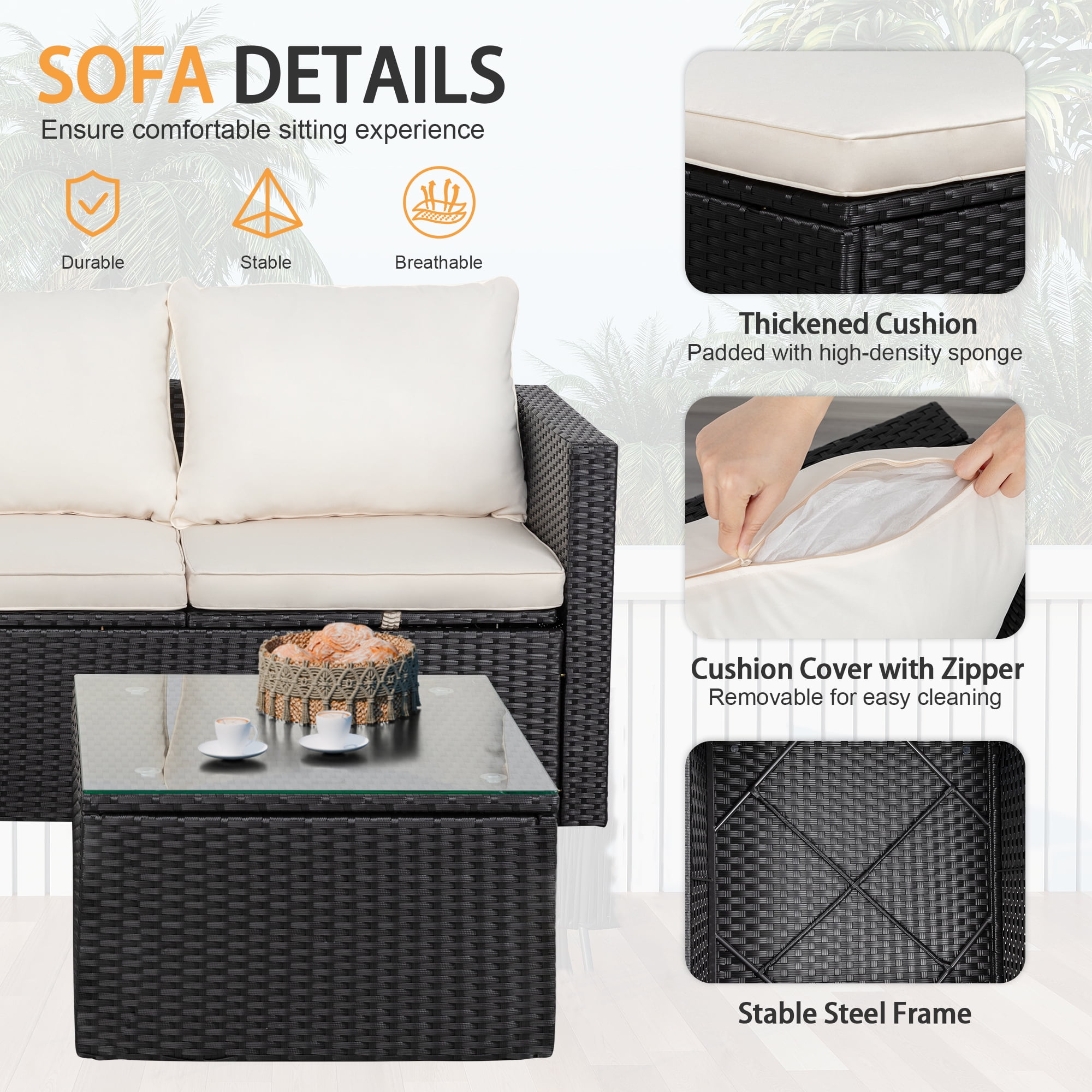 Walsunny 3 Pieces patio furniture set, Rattan Wicker Outdoor Conversation Set with Cushions and Glass Tabletop,White