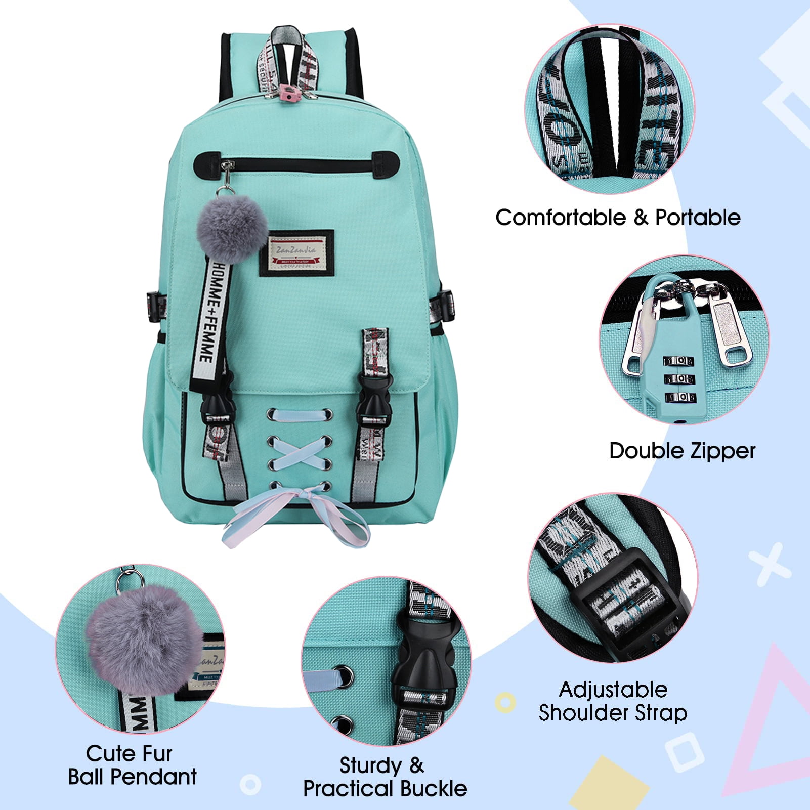 DAKIMOE Fashion Teenage School Backpack Student Middle School bag Men and Women Anti-theft Laptop Backpack with USB Charging Port (Pink), One Size