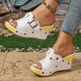 thumbnail image 3 of Rokment Women's Studded Buckles Platform Wedge Mules Slip on Sandals Fashion Casual Suede Peep Toe Color Block Chunky High Heels Summer Dressy Slides Yellow Size 7, 3 of 6