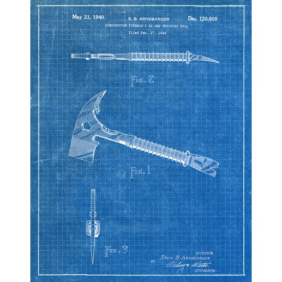 Original Fireman's Ax Artwork Submitted In 1940 - Fire and Rescue - Patent Art Print