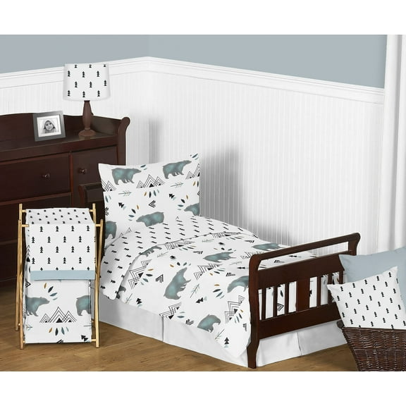 Sweet Jojo Designs Bear Mountain White and Blue Toddler Bed Comforter 5 Piece Bedding Set