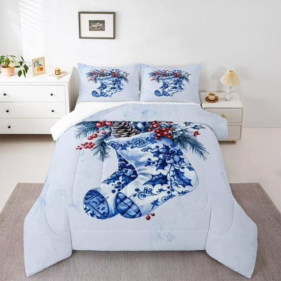Manfei Vintage Christmas Stocking Bedding Comforter Set,Merry Xmas Twin Comforter Sets,Red Berry Bedding Set For Children,Luxury Bedroom Decor,2-Piece