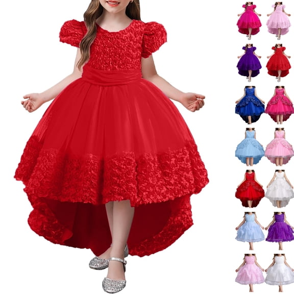 Bmisegm Flower Girl Dress Lace Wedding Party Formal Long Gown with Skirt for Children Celebration Long Dress 03_Red,7-8 Years