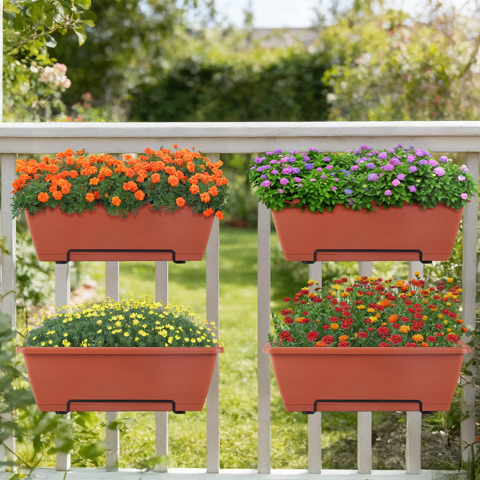 Railing Planter Boxes, Deck Rail Planter for Outdoor Plants, Hanging Railing Window Boxes Planter with Drainage Tray, Window Flower Pots with Brackets, for Over Rail Porch Fence, Balcony & Home Decor