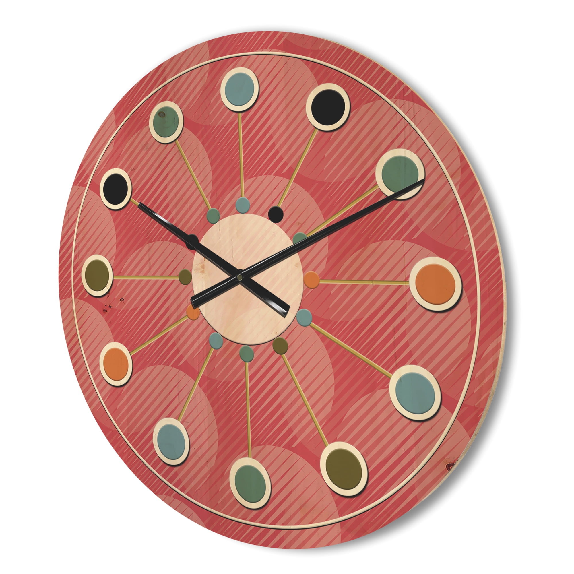 Designart 'Red Round Geometrical ' Mid-Century Modern Wood Wall Clock