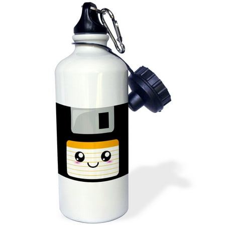 3dRose Kawaii Cute Happy Floppy Disk - Retro computers - Japanese Anime Smiling cartoon with orange label, Sports Water Bottle, 21oz