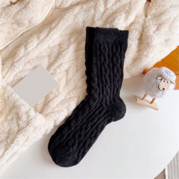 Women Solid Color Cable Knit Athletic Style Socks Mixed Thick Winter Warm Wool Mid Tube Footwear Comfort Black