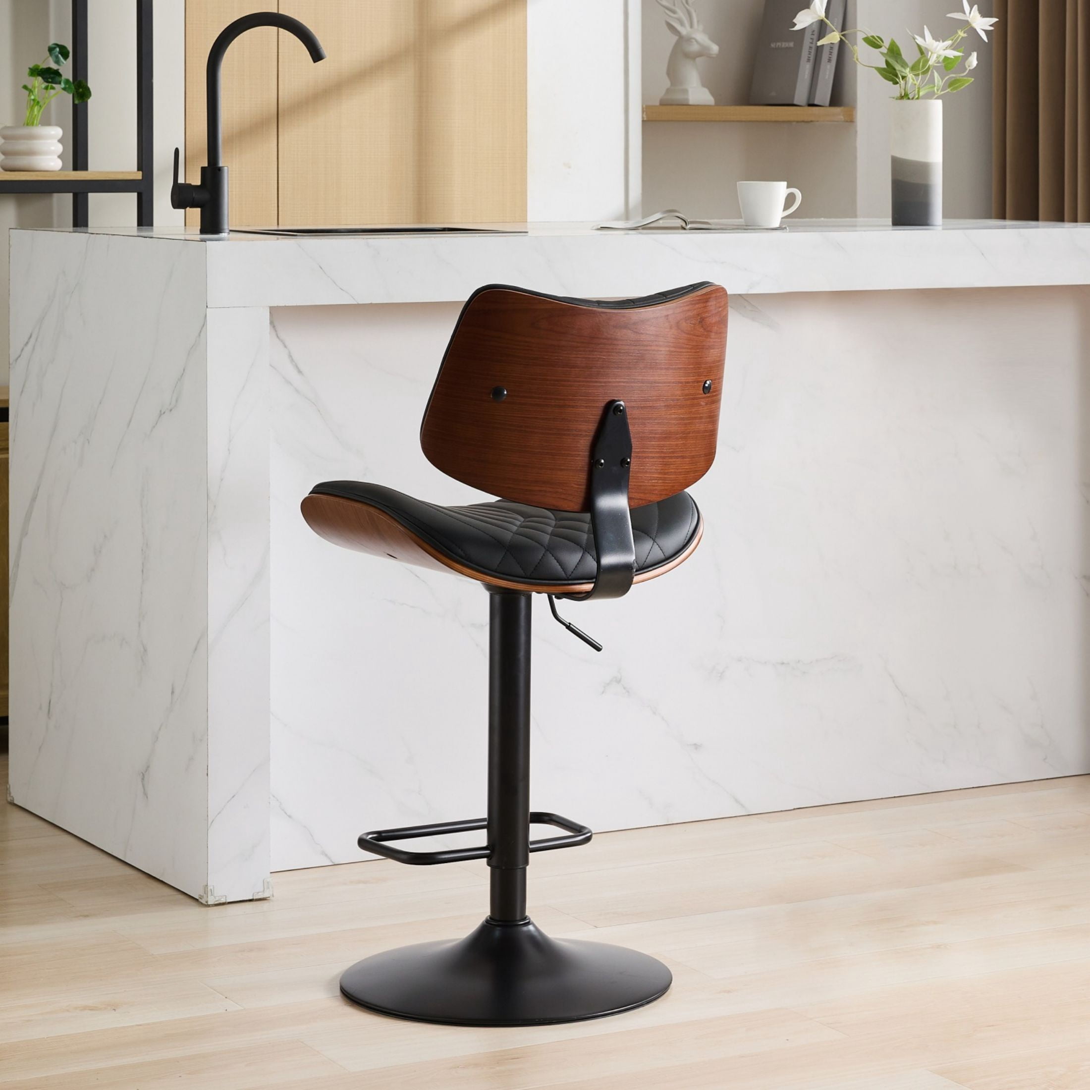 PORKISS Bar Stool, Walnut Bentwood Swivel Barstool with Leather Back and Seat, Adjustable Counter Island Chair with Footrest, Modern Upholstered Bar Chirs for Kitchen Island, Dining Room, Black