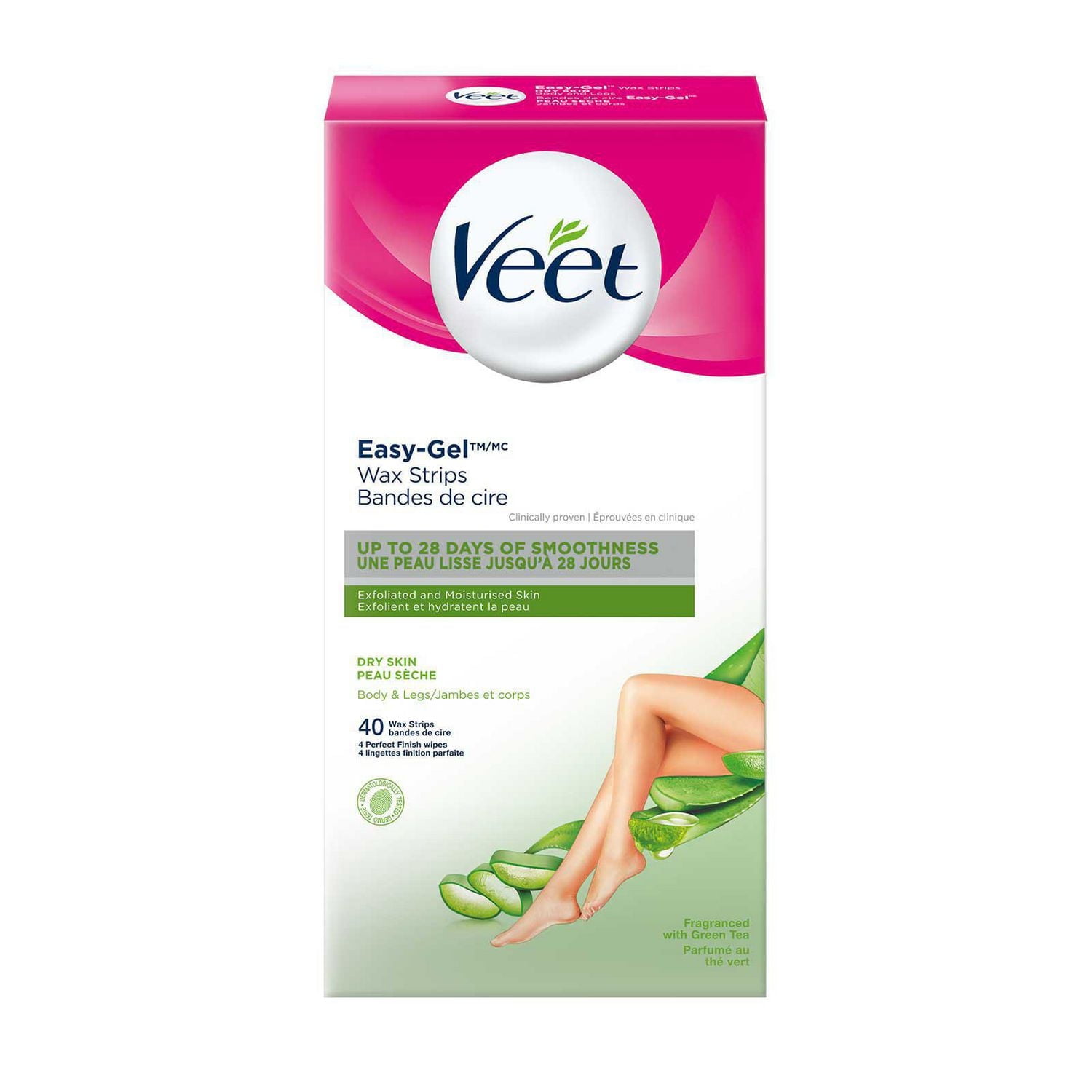 Veet® Easy-Gel™ Wax Strips for Legs and Body, Dry Skin, 40 Count + 4 Wipes