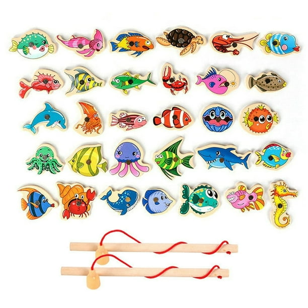MesaSe Magnetic Fishing Game Toys Set with Fish Rod Wooden Magnetic Fishing  Game Pool Toys Cartoon Marine Life Cognition Fish Rod Toys Parent-child  Interactive Early Educational Toy 