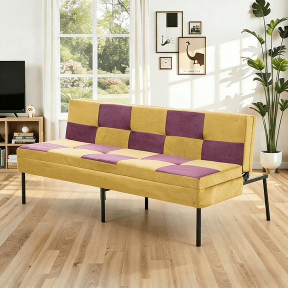 Gewnee Velvet 63.58"Folding Sofa Bed,Adjustable Convertible Folding Sleeper Couch Bed for Living Room,Office,Small Space,Purple&Yellow