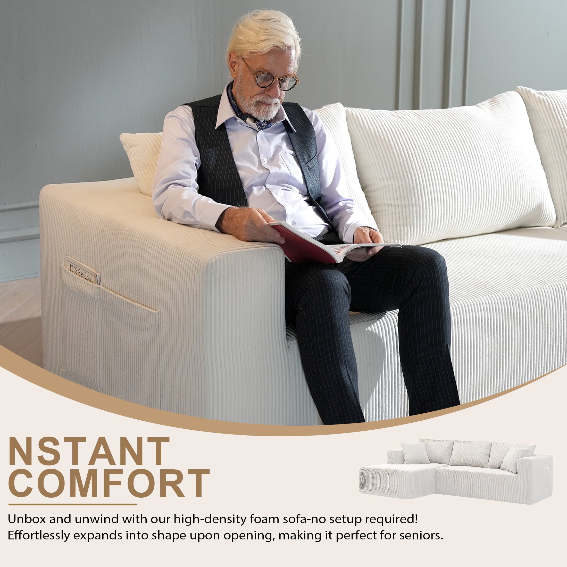 AENKYO 104'' Modular L-Shape Sectional Sofa with Chaise, Comfy Deep-Seat Cloud-Couch, Corduroy - White