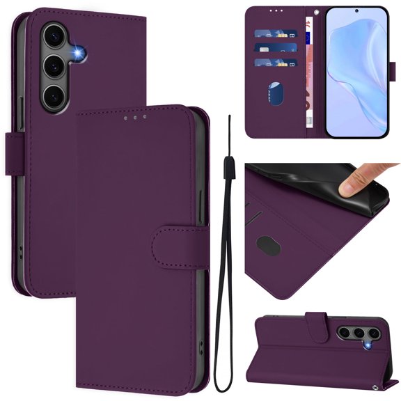 Allytechgroup for Samsung Galaxy S25 Plus Wallet Case with Lanyard, Credit Card Holder PU Leather Flip Kickstand Protective Shockproof Cover Women Men, Violet