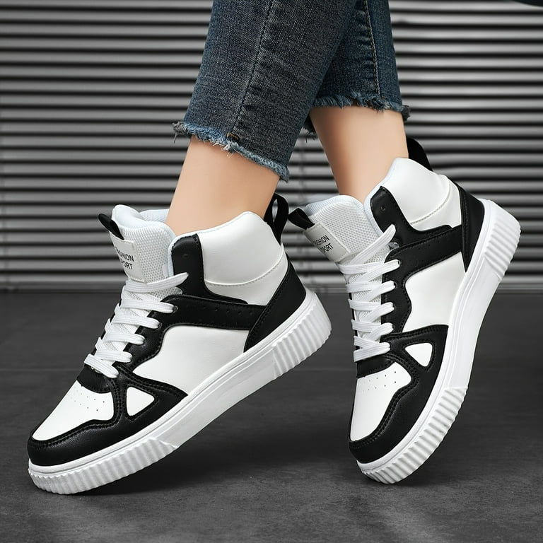ASWMXR Women s Colorblock Casual Sneakers Lace Up Soft Sole Flat High top Walking Shoes Round Toe Versatile Skate Shoes Walmart