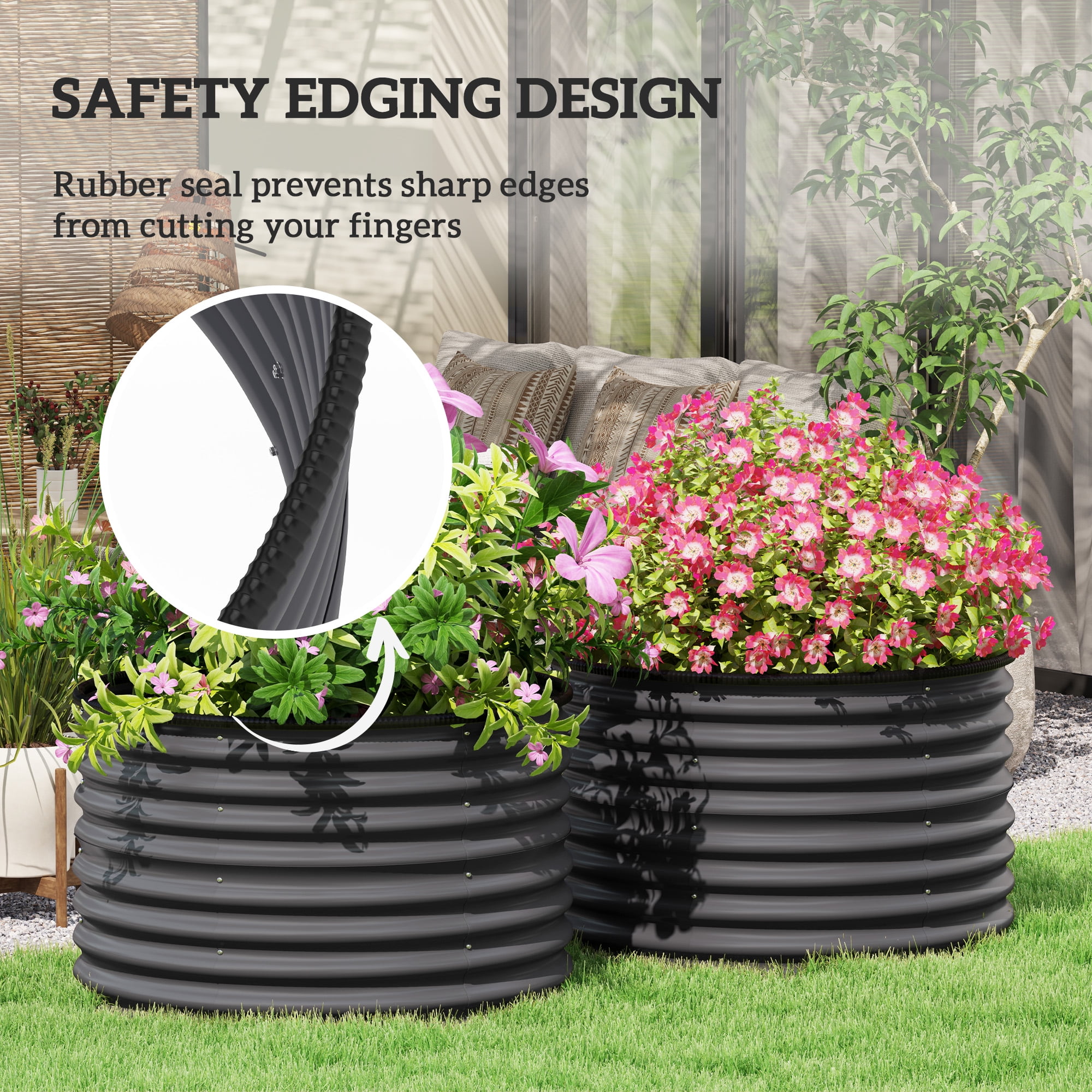 Outsunny Galvanized Raised Garden Bed, Set of 2 Planter Box with Safety Edging, Easy-to-assemble, Dark Gray