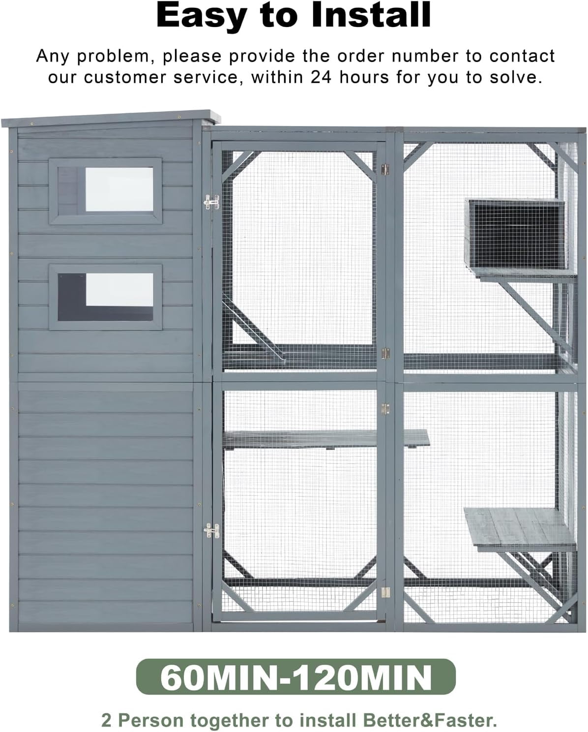 Erinnyees Large 4-Tier Cat Enclosure, Outdoor Catio & Indoor Cat House with Weatherproof Roof for Multiple Cats, 4 Rooms, 70"Hx32"Wx77"L, Gray Green