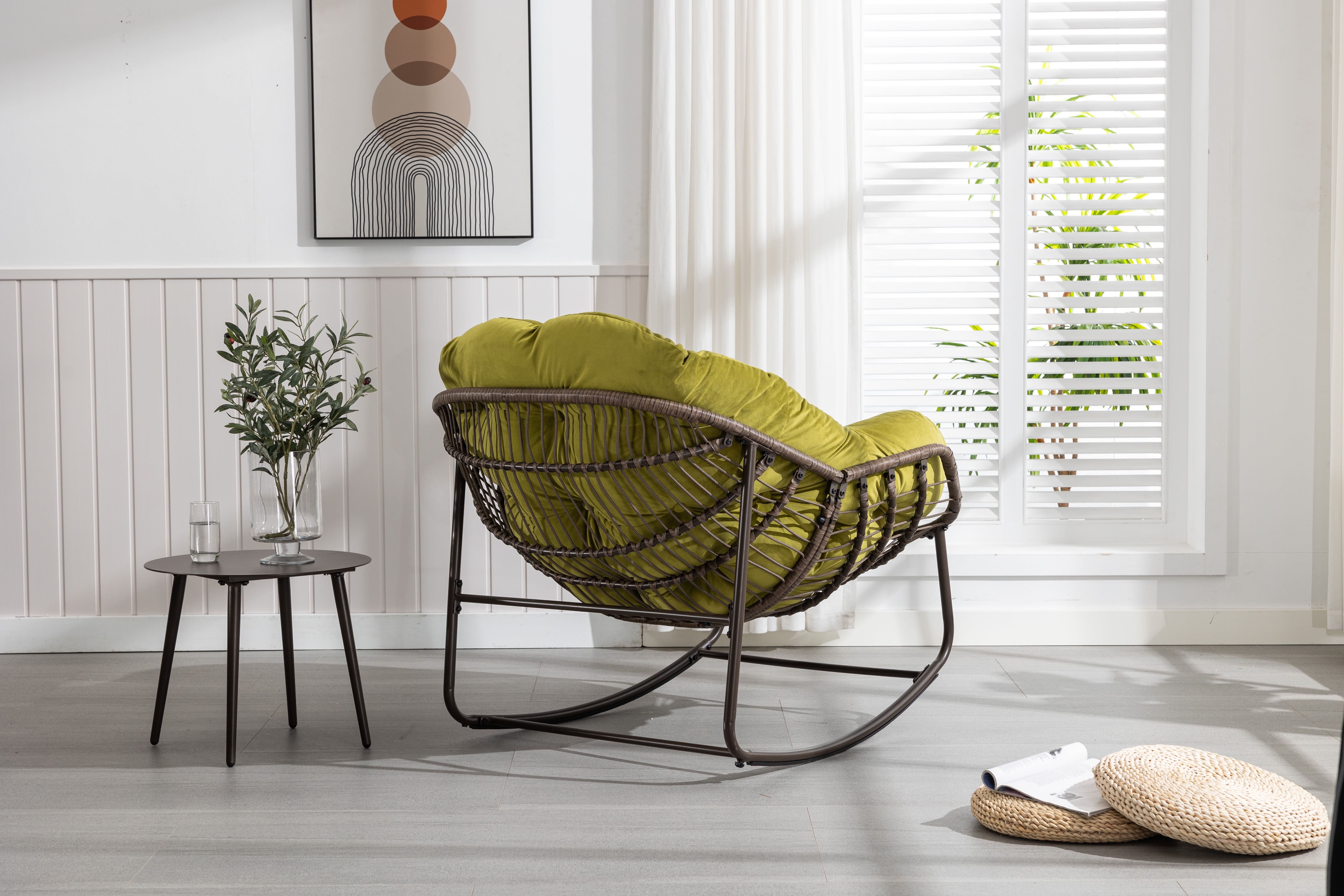 Outdoor Rattan Rocking Chair Oversized with Padded Cushion, Hand-Woven Egg Rocker Chair for Patio and Front Porch, Olive Green