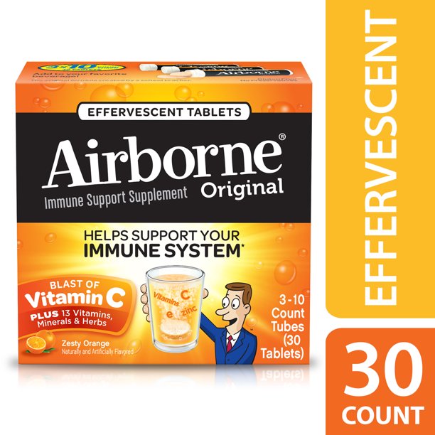 2 Pack Airborne Vitamin C Tablets Zesty Orange 1000mg 30 Effervescent Tablets Walmart Com Walmart Com