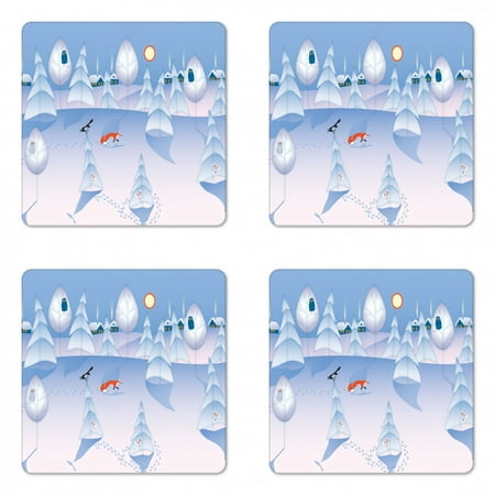 

Cartoon Coaster Set of 4 Nursery Winter Scene at Woodland with Wild Animals Owl Fox and Bunnies Square Hardboard Gloss Coasters Standard Size Multicolor by Ambesonne