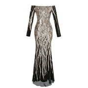 Angel-fashions Women's Boat Neck Long Sleeve Sequins Flapper Ball Gown