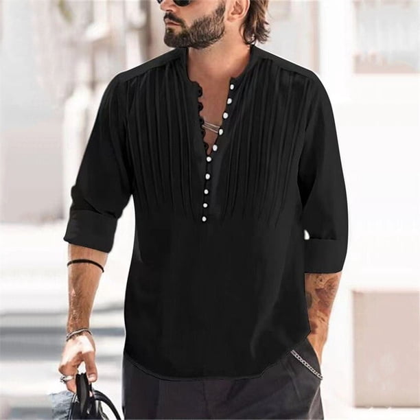 Camisas de lino y algodón para hombre, camisas de manga larga, Color sólido, cuello levantado, estilo informal, talla grande 3XL, primavera y otoño, novedad de 2023