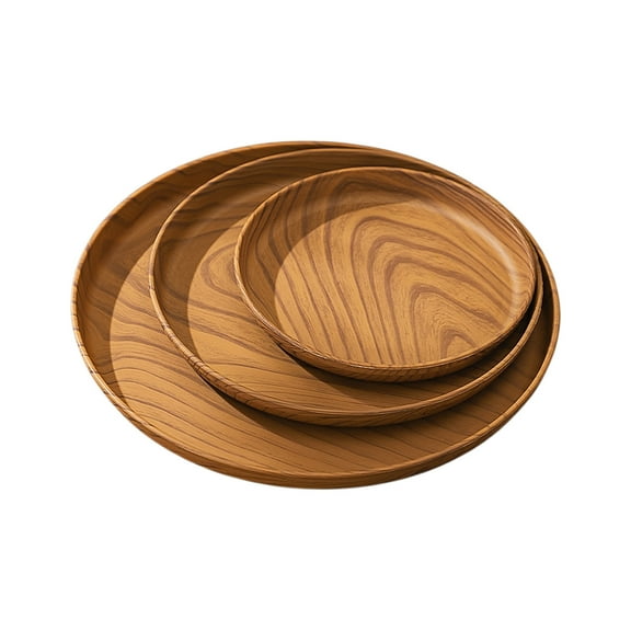 Round Serving Tray Set of 3 Wood Grain Plastic Decorative Serving Plate for Tea Coffee Snack Food Meals, Breakfast Tray with Raised Edge