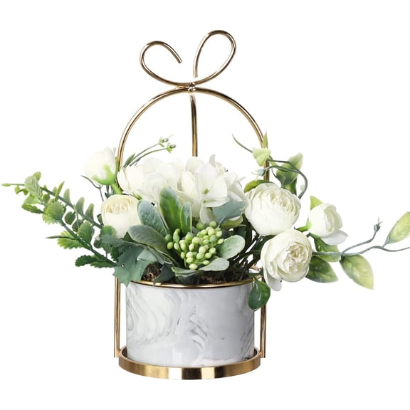Artificial Flowers Hydrangea with Ceramic Vase Silk Chrysanthemum Mini Potted Fake Flowers Hanging Potted Plants for Wedding Home Office Decoration Pack of One (White)