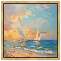 Sailboats In The Sunset Chic Coastal Canvas Wall Art by Art Remedy, Gold Floater Frame, 30"x30"