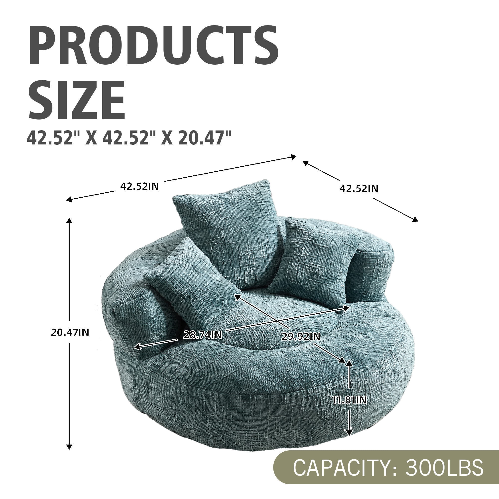 MOONMISS Chenille Upholstered Durable Comfort Lounger Bean Bag Lazy Sofa with Three Pillows-Teal