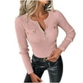thumbnail image 2 of Hinvhai Womens Sexy Tops ,Fashion Long Sleeve Solid Color Shirts Fitted Low Cut Tops Ribbed Zipper V Neck Cleavage Fall Shirts Blouses Pink 12(XXL), 2 of 7