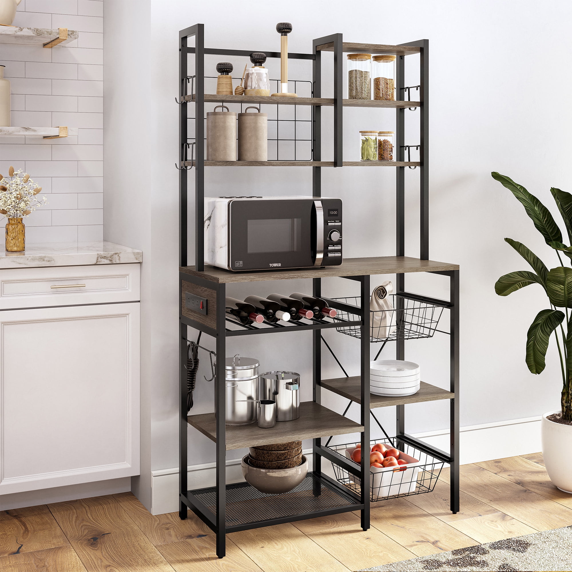 BELLEZE Bakers Rack with Power Strip, Storage Shelves, Standing Kitchen