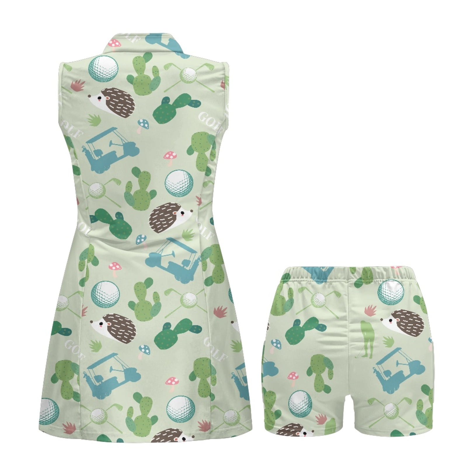 COEQINE Golf Dresses for Women Sleeveless V-Neck Breathable Exercise Dresses with Shorts 2 Pockets Golf Ball Cart and Cactus Print Golf Outfits with 2 Piece Set, S