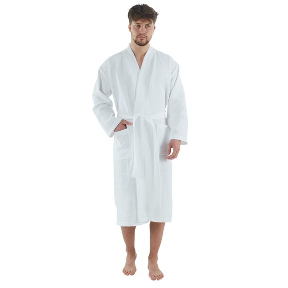 BAGNO MILANO Mens Waffle Robe – Lightweight Cotton Blend Waffle Bathrobe Men for Spa, Made in Turkey, White Small
