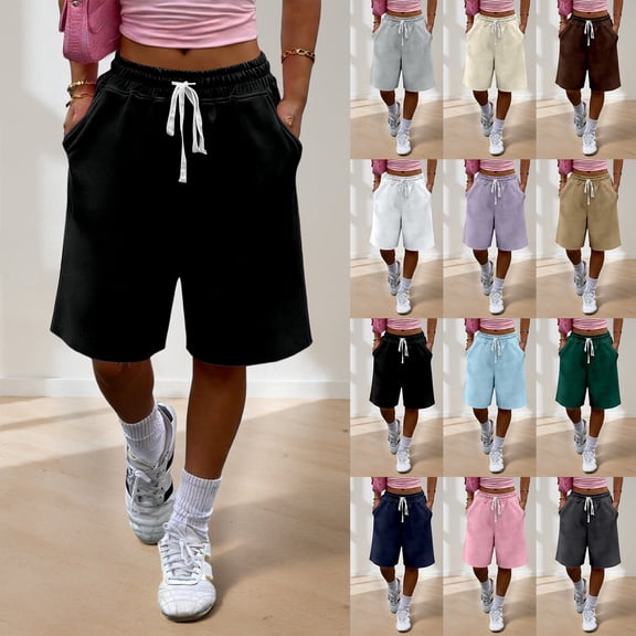 SOFTCCLO Running Shorts for Women Solid Elastic Waist Sweat Shorts Workout Pocket 5 Inch Womens Shorts Beige L