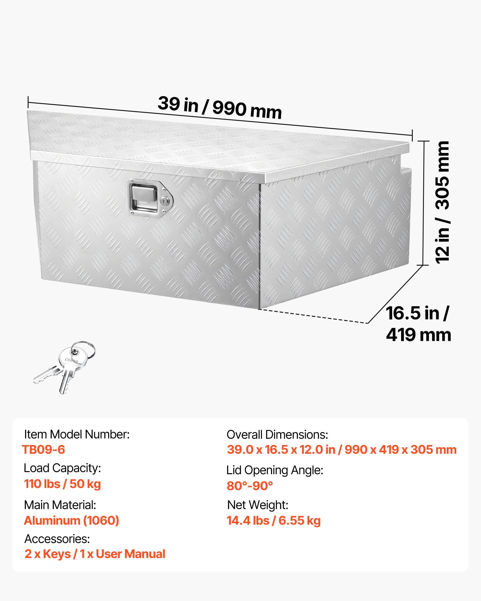 VEVOR Trailer Tongue Box, 39" x 16.5" x 12" Aluminum Trailer Tongue Tool Box, Heavy Duty Storage Organizer with Lock & Keys, Utility Tool Chest for Pickup Truck Bed, RV, SUV, Off-Road Vehicle, Silver