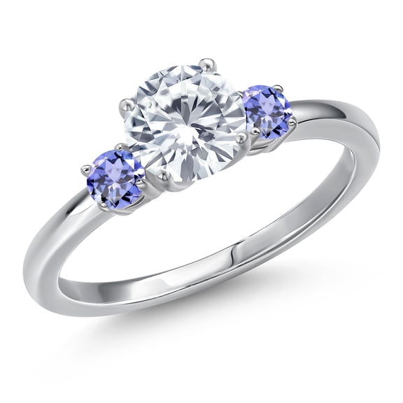 Gem Stone King 14K White Gold Moissanite and Blue Tanzanite Engagement Ring for Women | 1.30 Cttw | Round 6.5MM | Gemstone Birthstone | Size 6